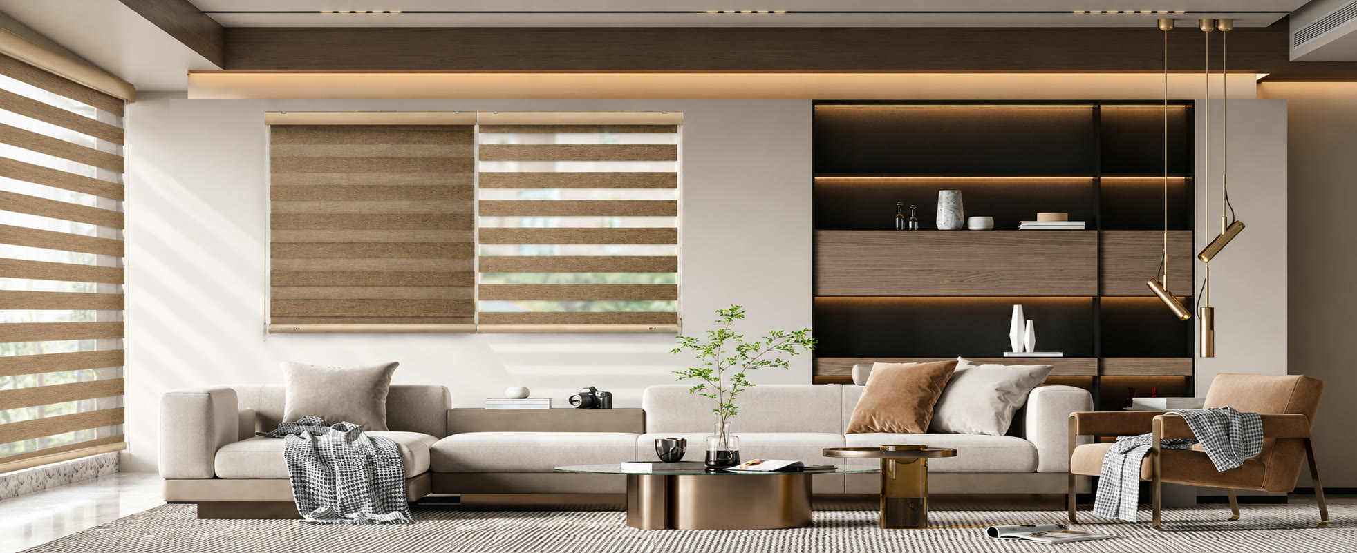 Modern living room with a wood shelving wall and zebra blinds