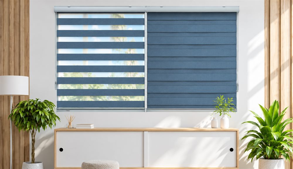 Blue combi shades, also called zebra blinds