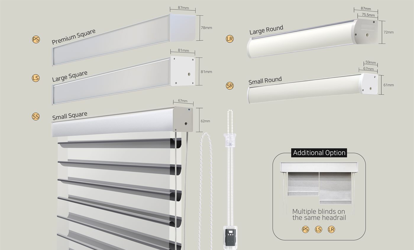 Five triple shade headrails with their sizes, chain and wand